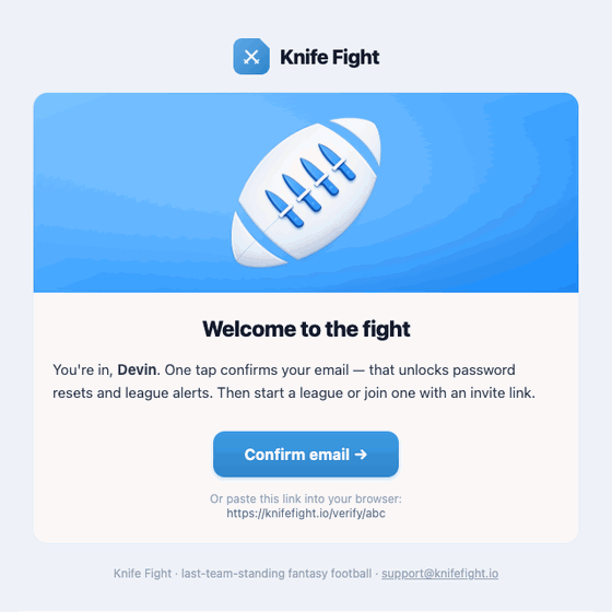 Knife Fight welcome email resizing from desktop to mobile
