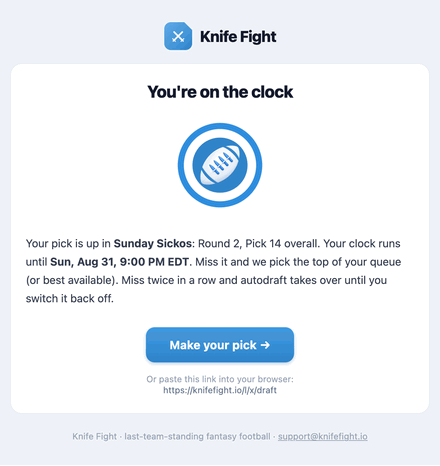 Knife Fight on-the-clock email with an animated pick clock