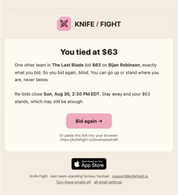 Knife Fight blind re-bid email in the current responsive shell