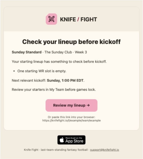 Pregame lineup email example in the current Knife Fight shell