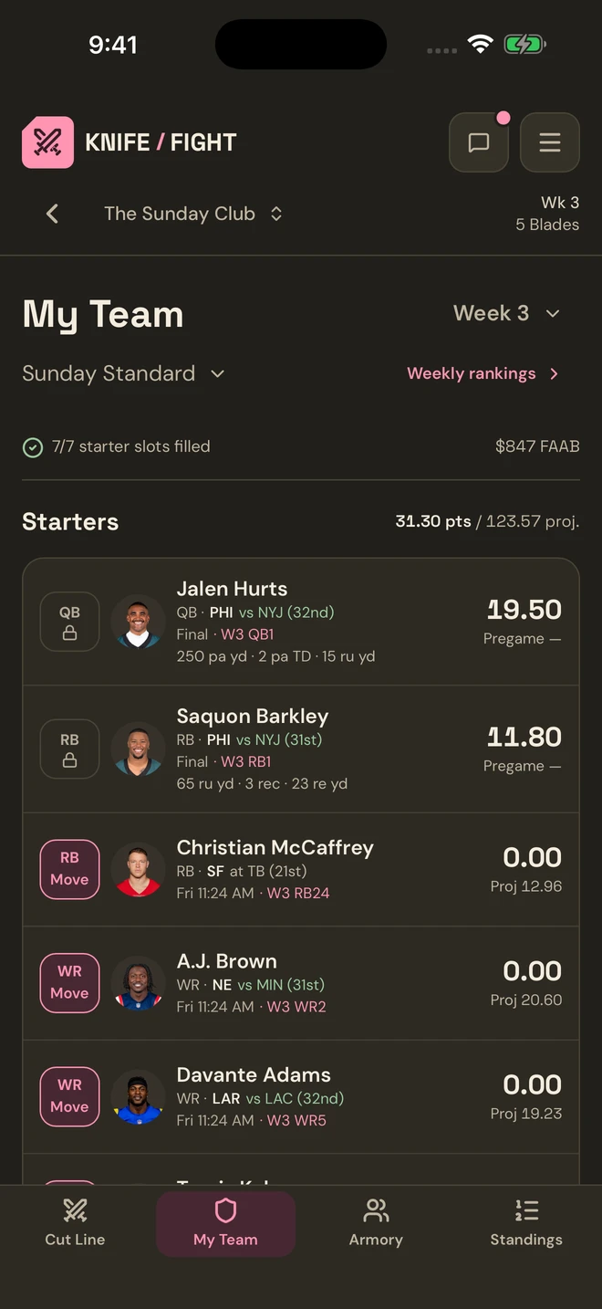My Team with player photos, game context, and lineup controls
