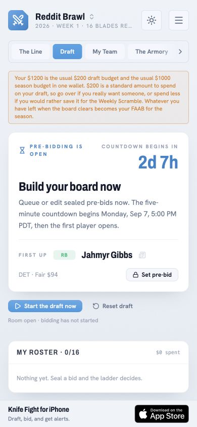 Knife Fight Draft pre-bidding screen with a countdown, first player, and shared season wallet