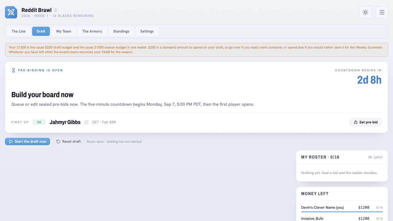 Knife Fight Draft pre-bidding screen with a countdown, first player, and shared season wallet