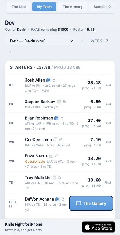 The current Knife Fight My Team screen with final scoring and player news
