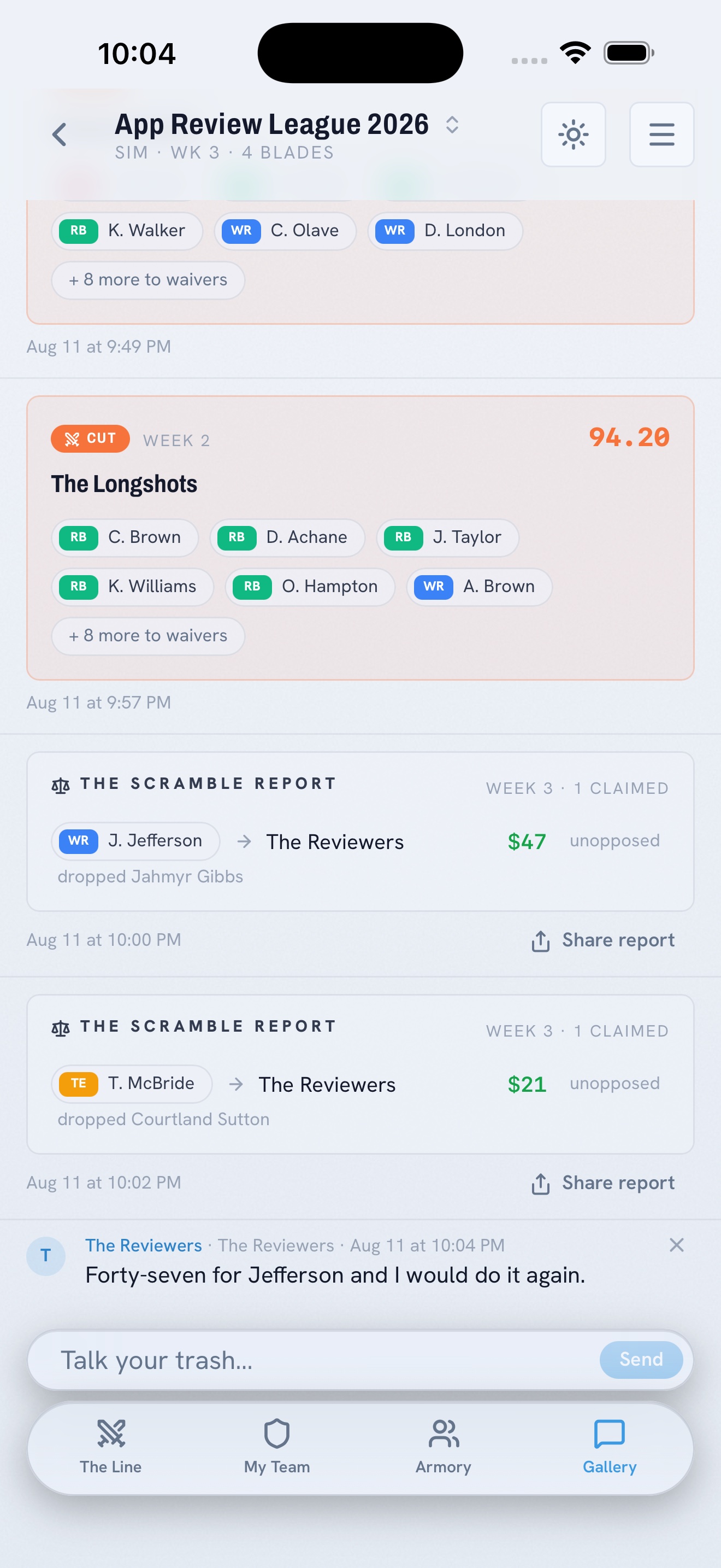 The Knife Fight Gallery with league activity and chat on iOS