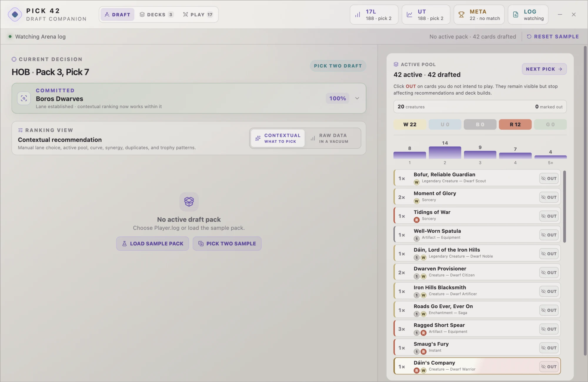 Pick 42's draft view during a Pick Two event, showing a committed Boros Dwarves lane and the active 42-card pool