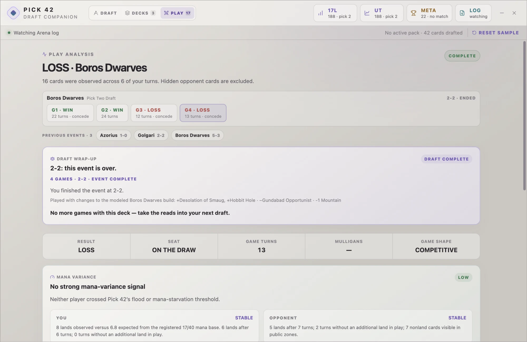 Pick 42's play analysis for a finished Pick Two event, showing per-game results, a draft wrap-up, and mana variance
