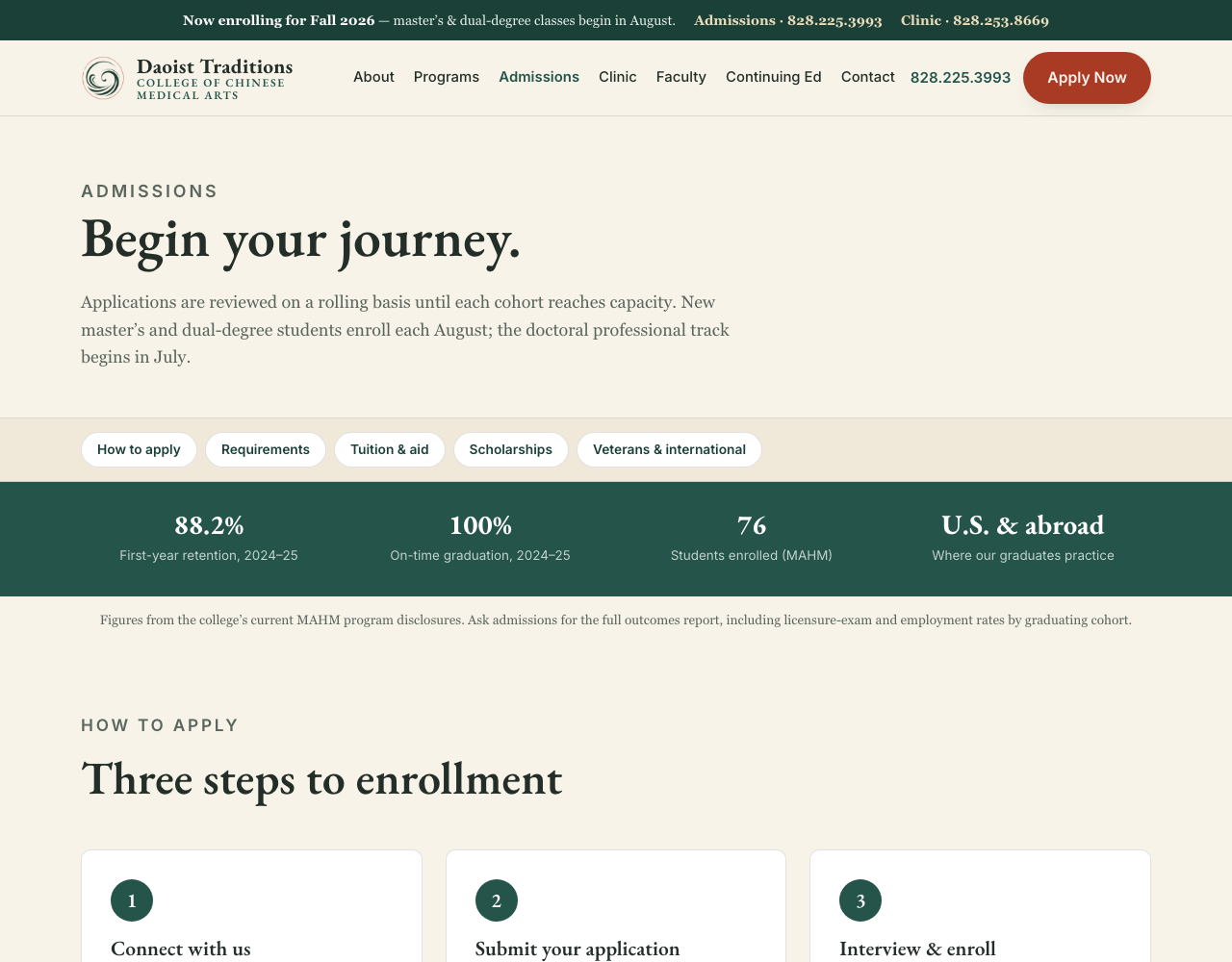 A page from the redesigned Daoist Traditions College of Chinese Medical Arts website